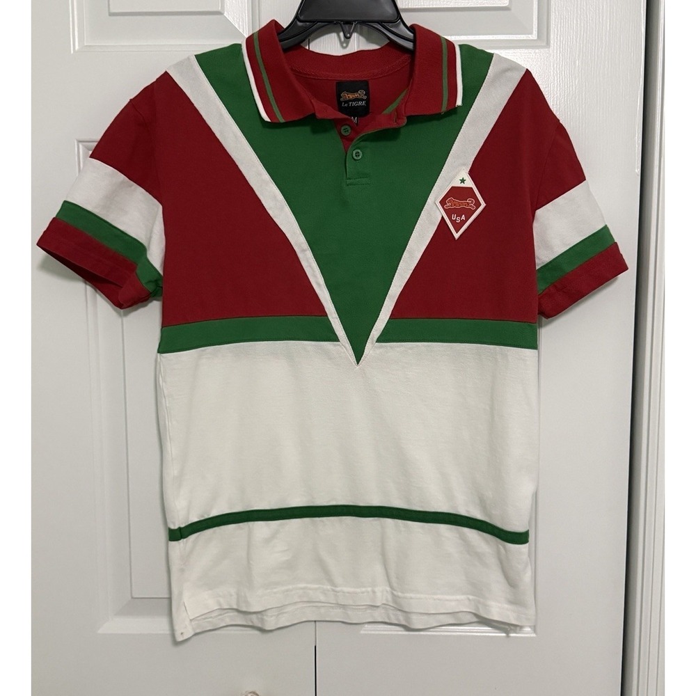 Le‎ Tigre Polo Sz Medium Red Green White Short Sleeve Logo Back Emblem Cotton